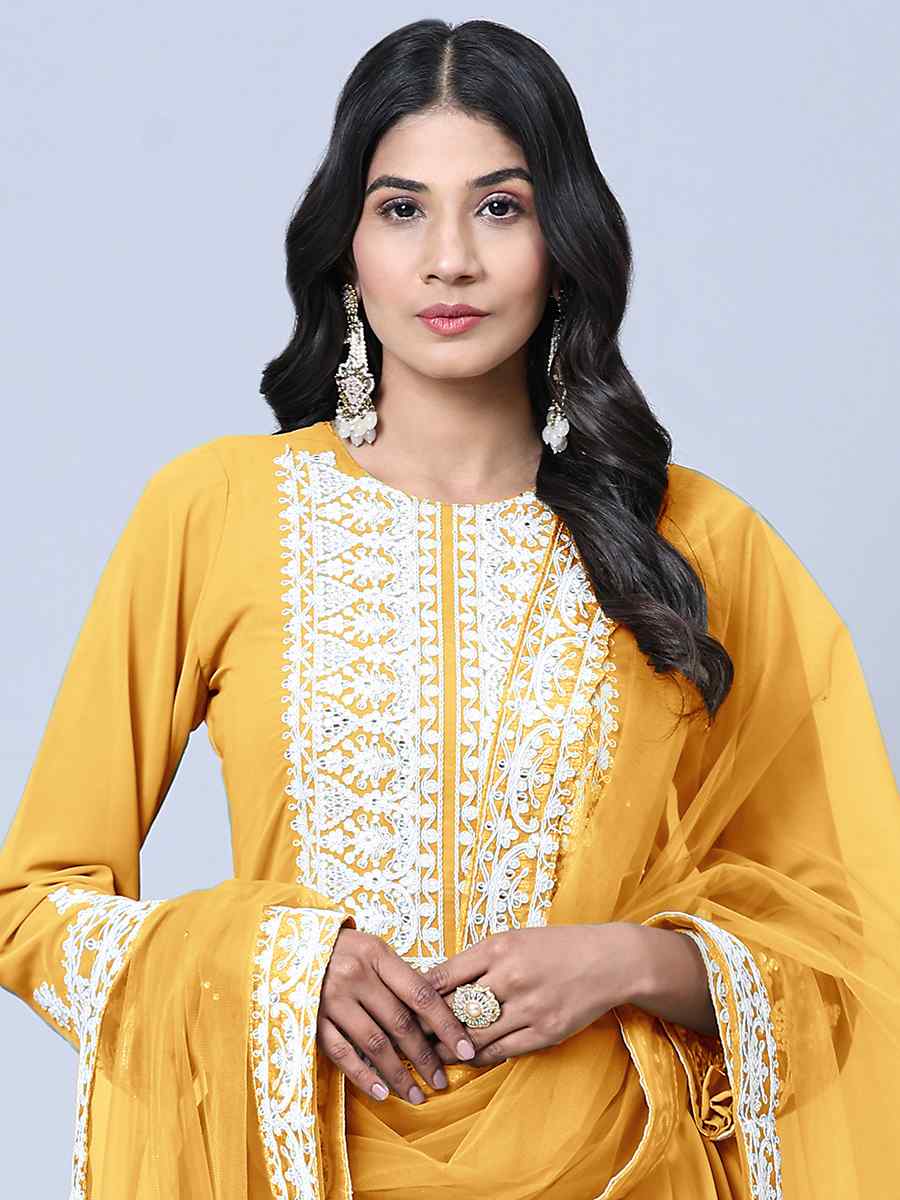 Yellow Faux Georgette Embroidered Festival Wedding Pant Salwar Kameez