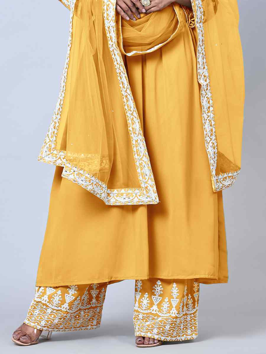 Yellow Faux Georgette Embroidered Festival Wedding Pant Salwar Kameez