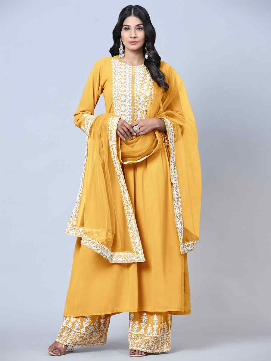 Yellow Faux Georgette Embroidered Festival Wedding Pant Salwar Kameez