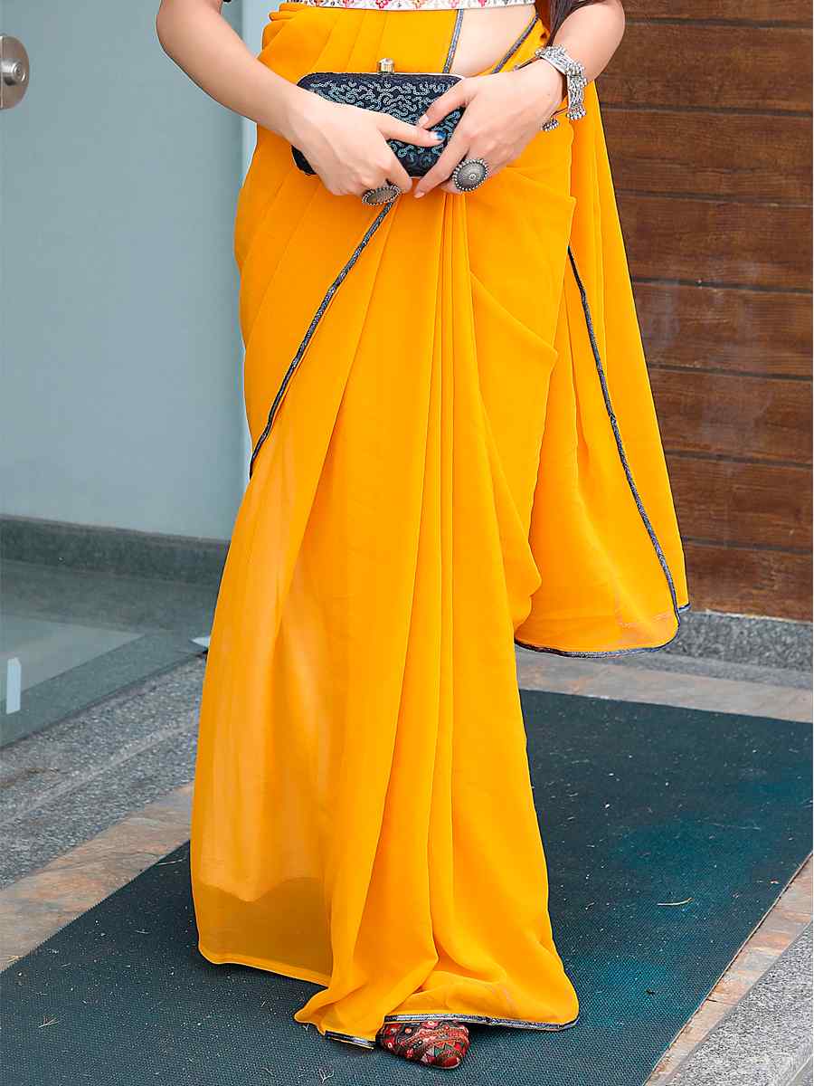 Yellow Faux Georgette Embroidered Party Festival Classic Style Saree