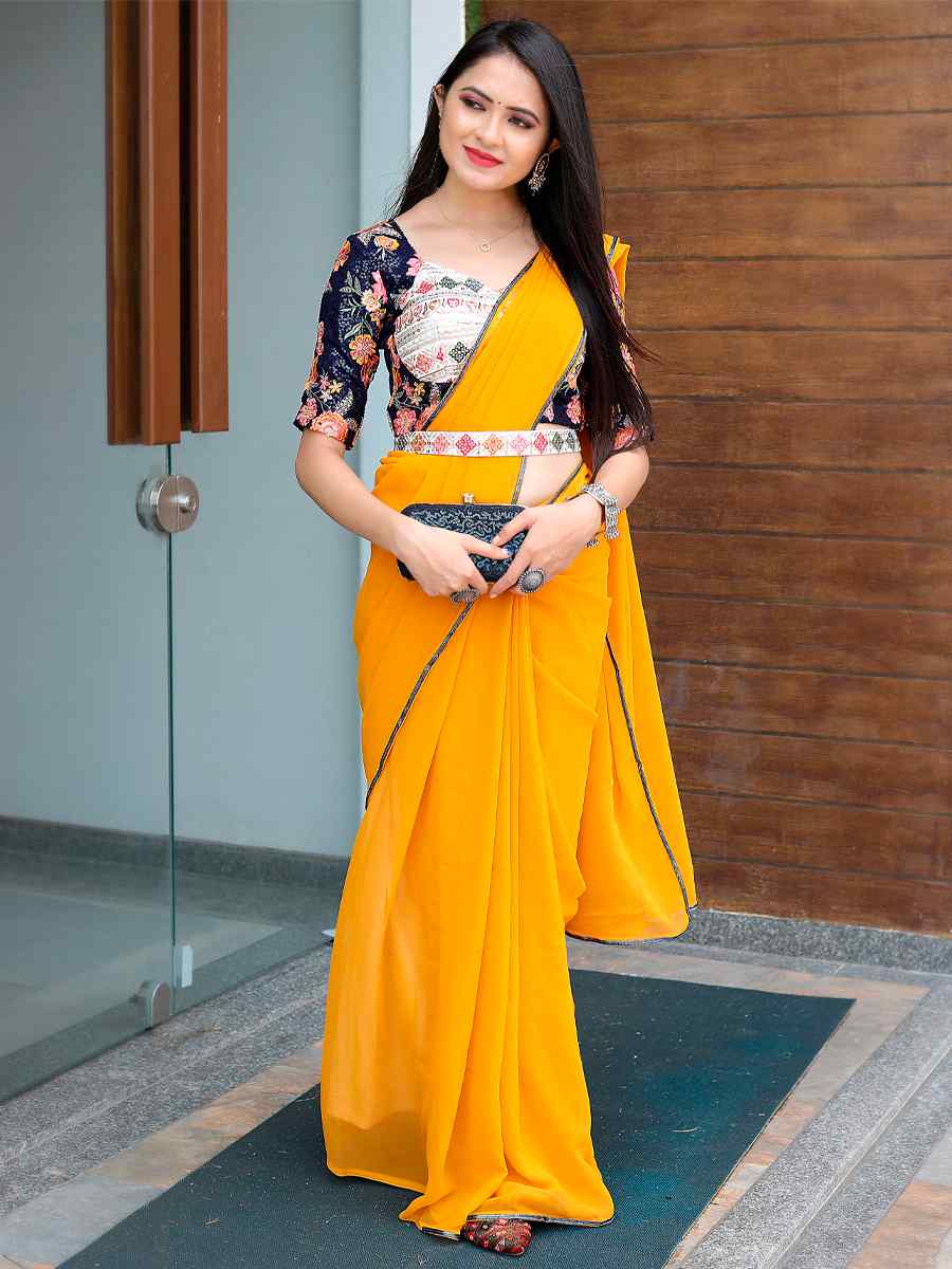 Yellow Faux Georgette Embroidered Party Festival Classic Style Saree