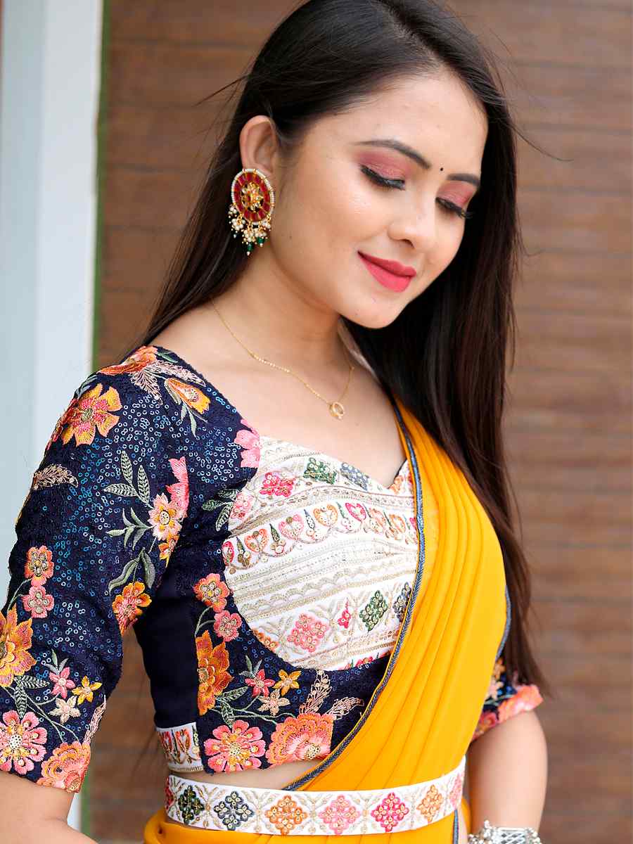 Yellow Faux Georgette Embroidered Party Festival Classic Style Saree