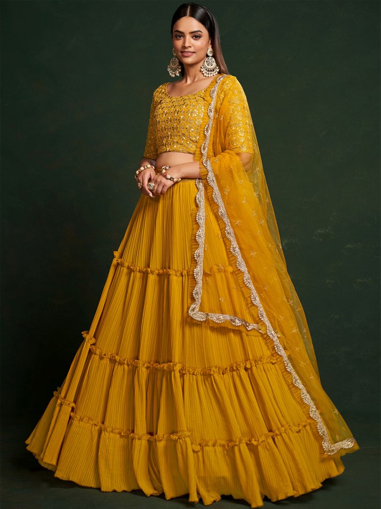 Yellow Faux Georgette Embroidered Party Wear Wedding Circular Lehenga Choli