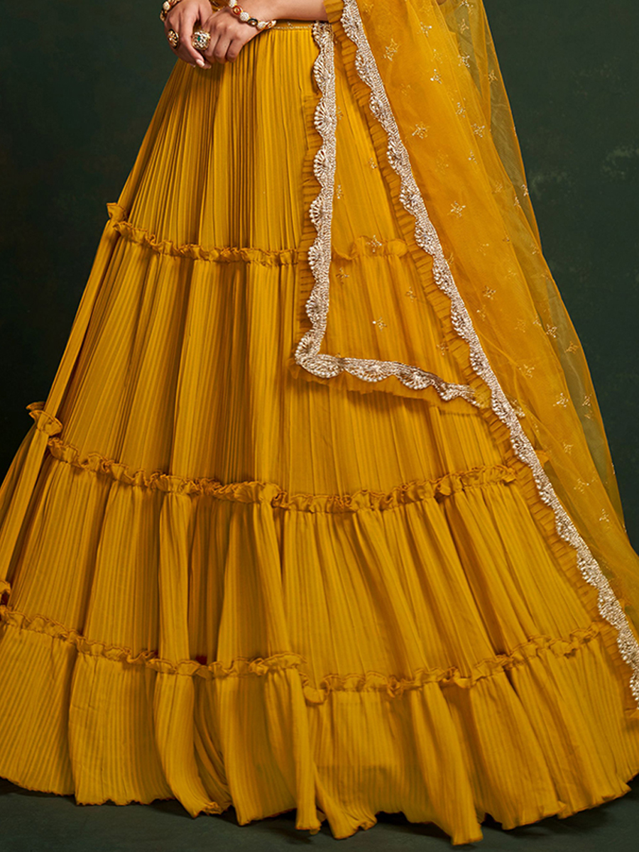 Yellow Faux Georgette Embroidered Party Wear Wedding Circular Lehenga Choli