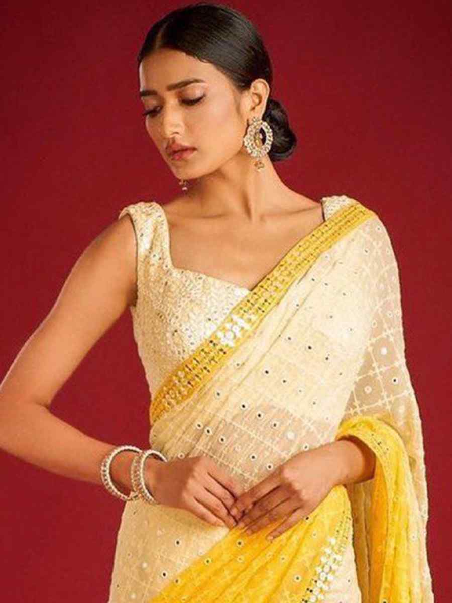 Yellow Faux Georgette Embroidered Wedding Festival Heavy Border Saree