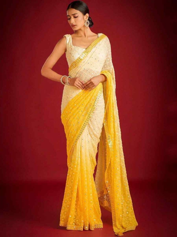 Yellow Faux Georgette Embroidered Wedding Festival Heavy Border Saree