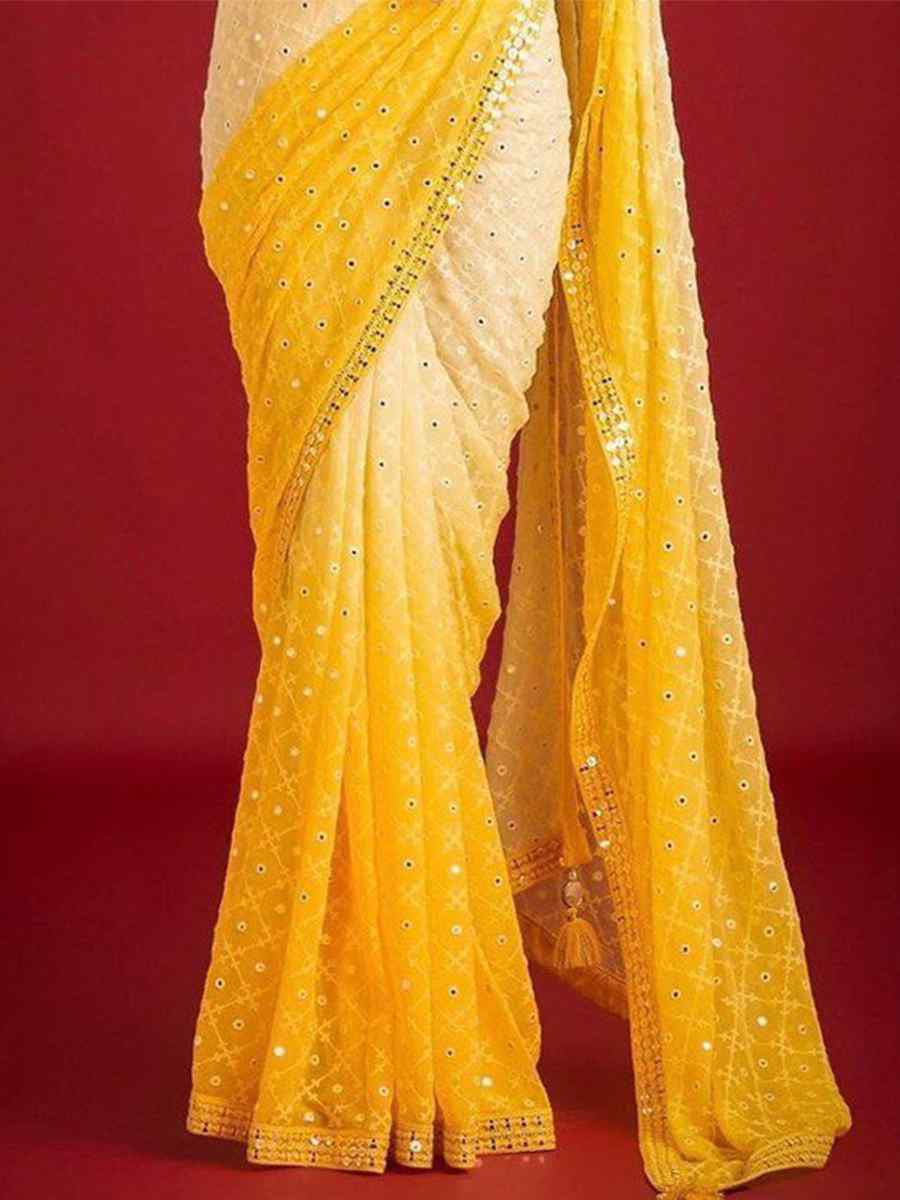 Yellow Faux Georgette Embroidered Wedding Festival Heavy Border Saree