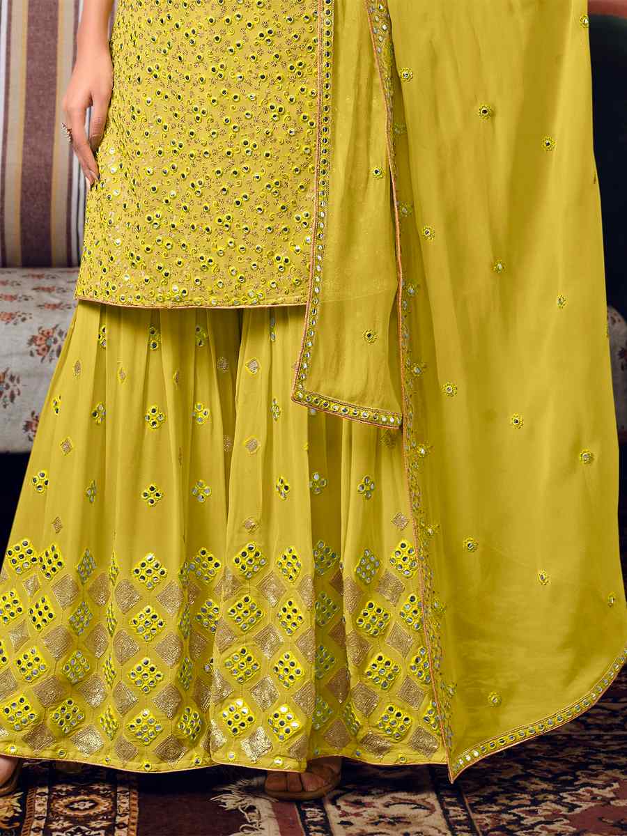 Yellow Faux Georgette Embroidered Wedding Mehendi Palazzo Pant Salwar Kameez