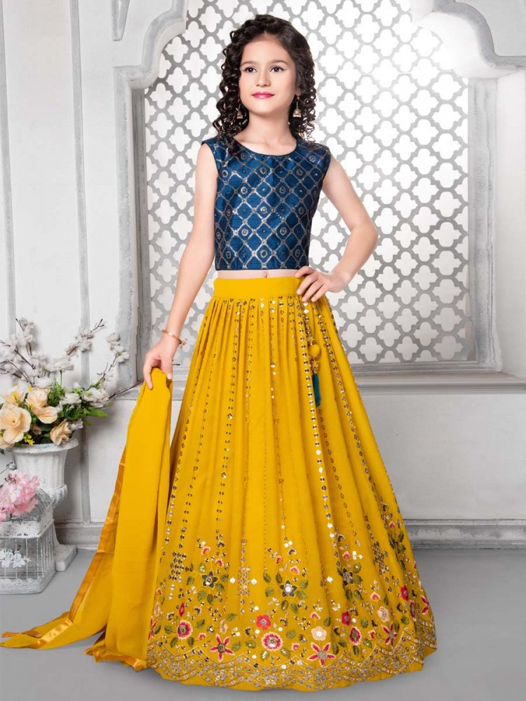 Yellow Faux Georgette Embroidered Wedding Party Lehengas Girls Wear