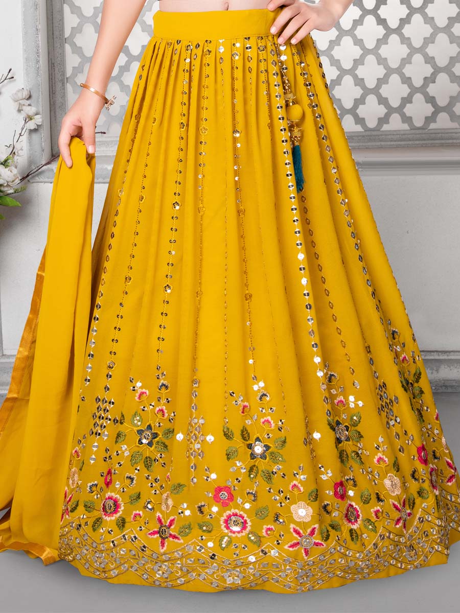 Yellow Faux Georgette Embroidered Wedding Party Lehengas Girls Wear