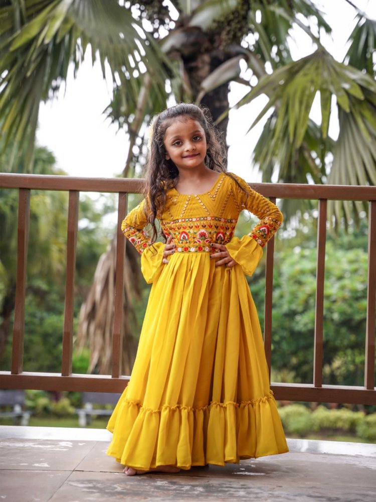 Yellow Faux Georgette Embroidered Wedding Party Salwars Girls Wear