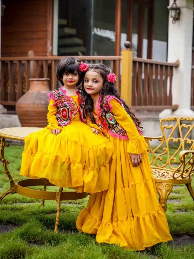 Yellow Faux Georgette Embroidered Wedding Party Salwars Girls Wear
