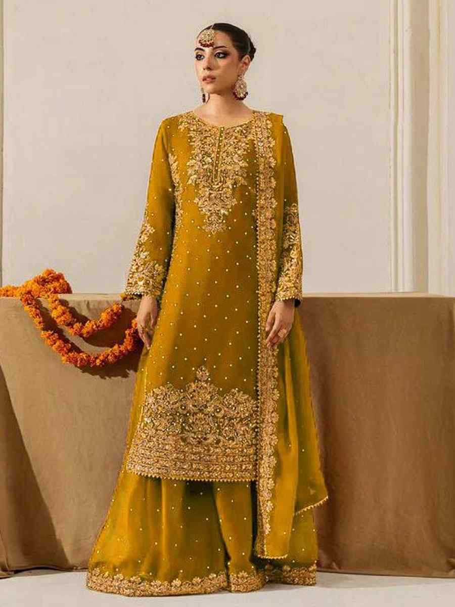 Yellow Faux Georgette Embroidery Party Wedding Festival Casual Ready Palazzo Pant Salwar Kameez