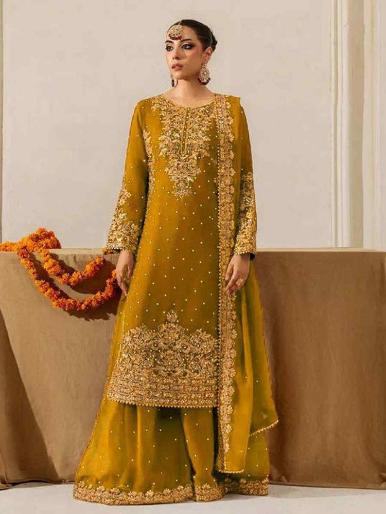 Image of Yellow Faux Georgette Embroidery Party Wedding Festival Casual Ready Palazzo Pant Salwar Kameez