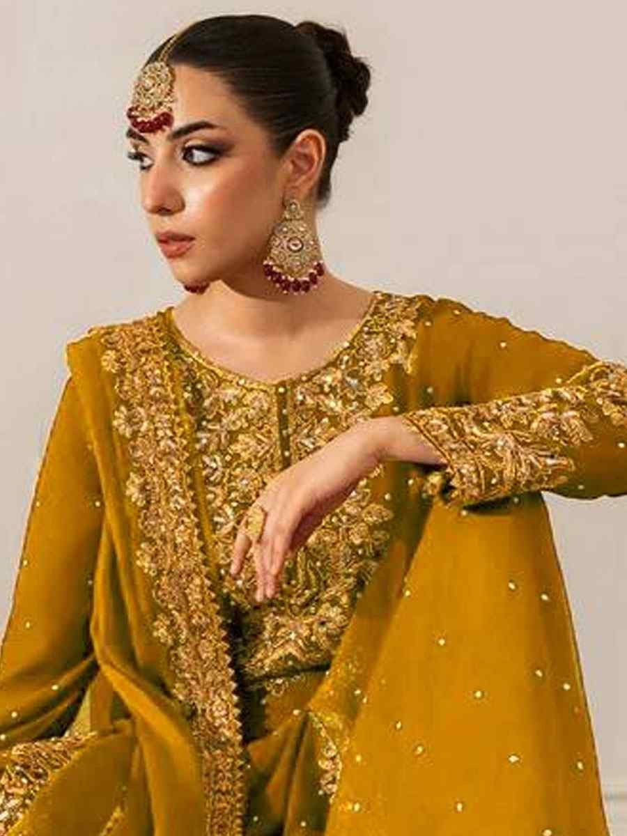 Yellow Faux Georgette Embroidery Party Wedding Festival Casual Ready Palazzo Pant Salwar Kameez