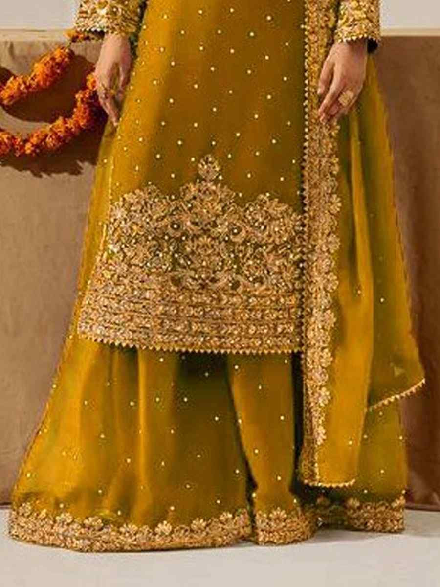 Yellow Faux Georgette Embroidery Party Wedding Festival Casual Ready Palazzo Pant Salwar Kameez