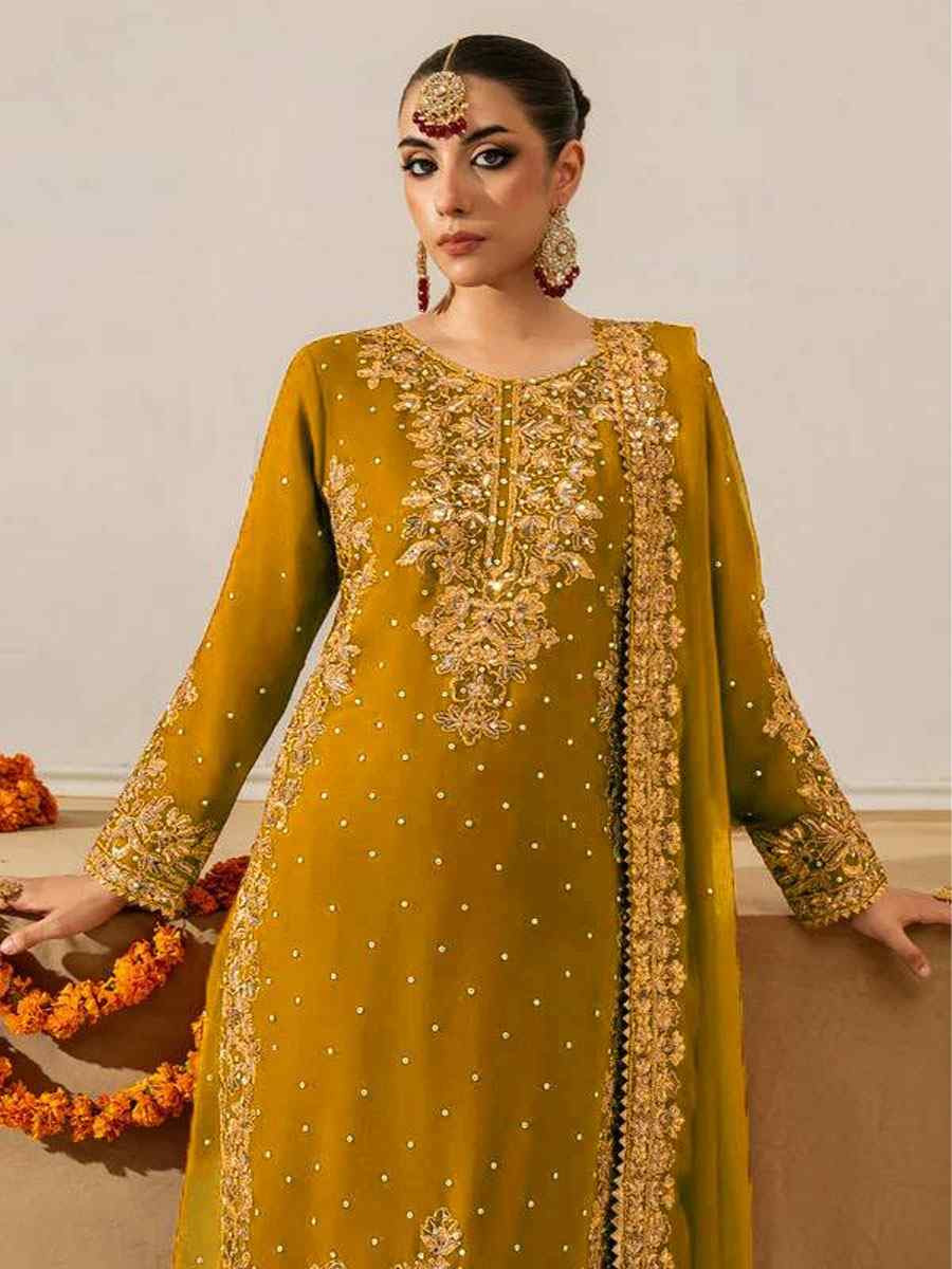 Yellow Faux Georgette Embroidery Party Wedding Festival Casual Ready Palazzo Pant Salwar Kameez