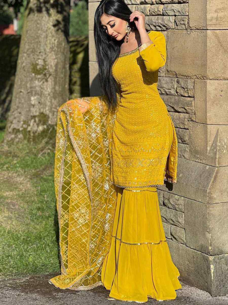 Image of Yellow Faux Georgette Embroidery Party Wedding Festival Casual Ready Sharara Pant Salwar Kameez