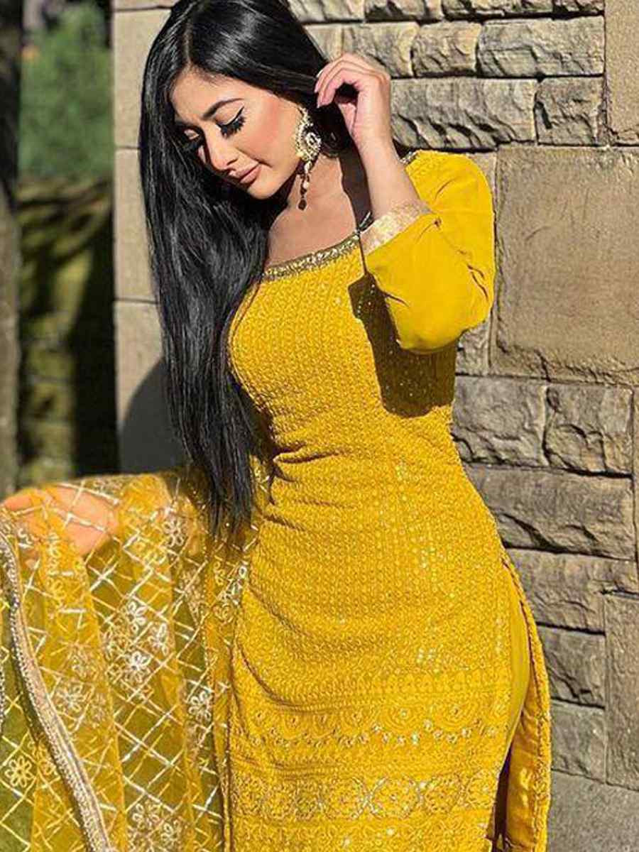 Yellow Faux Georgette Embroidery Party Wedding Festival Casual Ready Sharara Pant Salwar Kameez