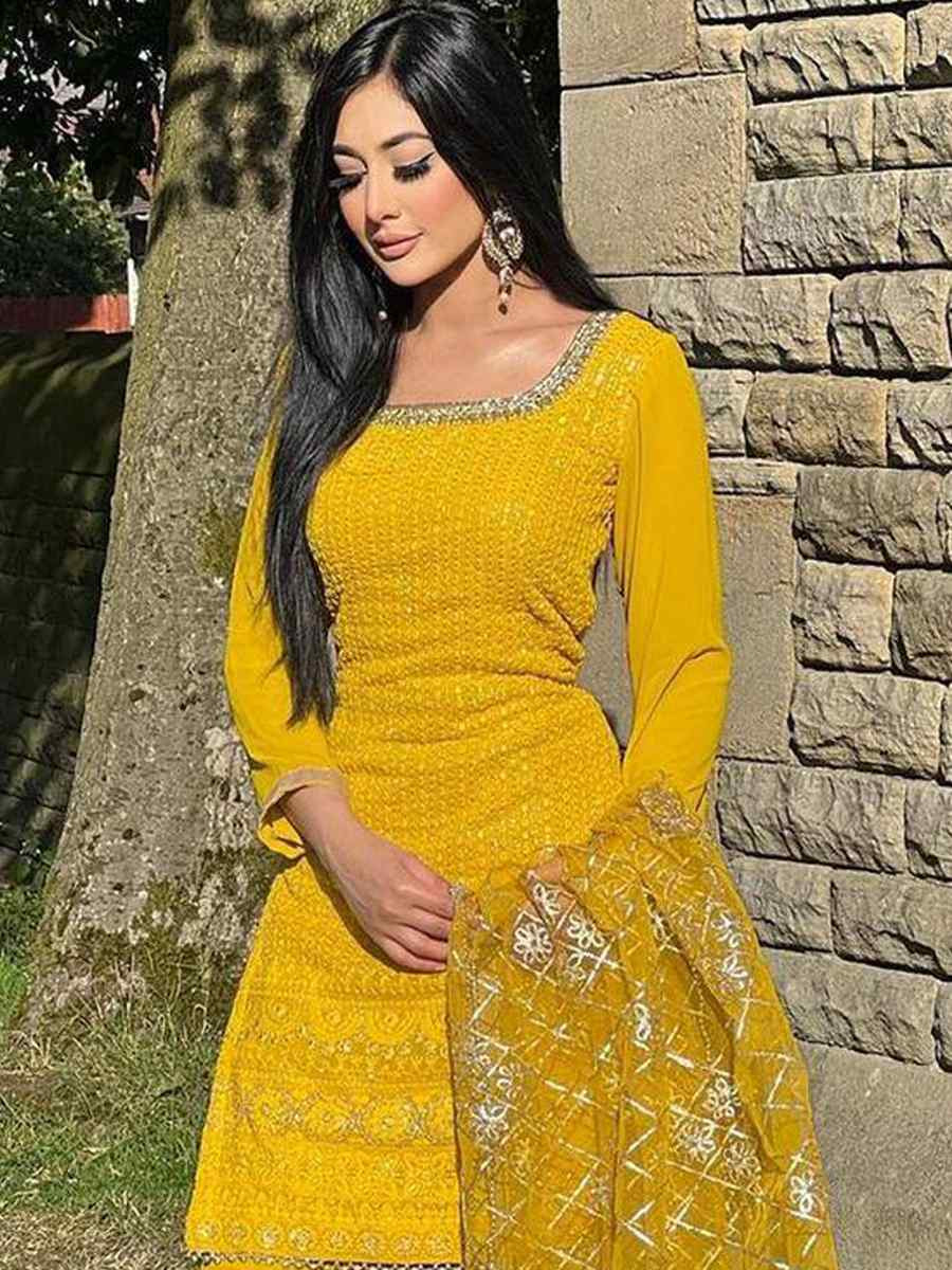 Yellow Faux Georgette Embroidery Party Wedding Festival Casual Ready Sharara Pant Salwar Kameez