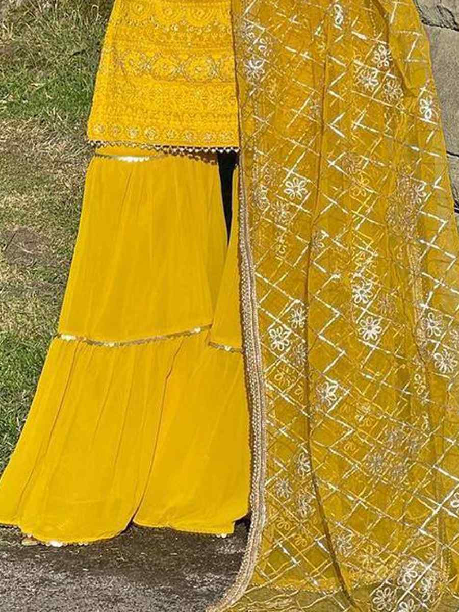 Yellow Faux Georgette Embroidery Party Wedding Festival Casual Ready Sharara Pant Salwar Kameez