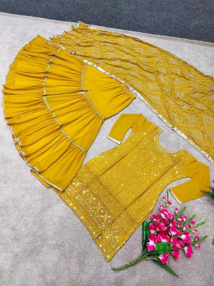 Yellow Faux Georgette Embroidery Party Wedding Festival Casual Ready Sharara Pant Salwar Kameez
