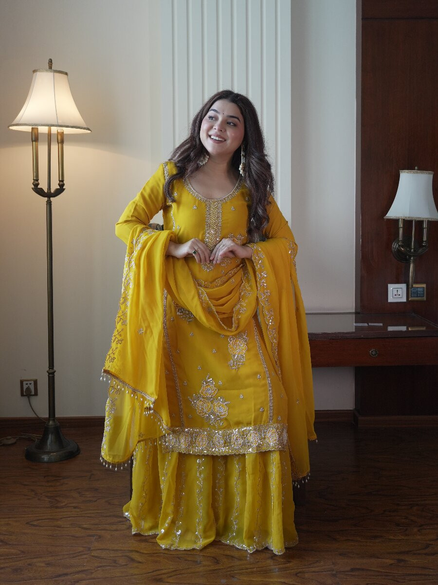 Yellow Faux Georgette Embroidery Sequins Wedding Party Festival Casual Sharara Pant Salwar Kameez