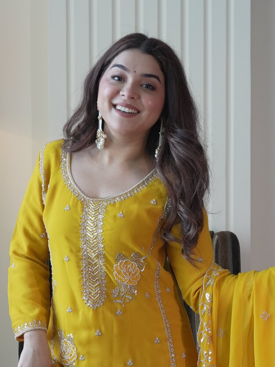 Yellow Faux Georgette Embroidery Sequins Wedding Party Festival Casual Sharara Pant Salwar Kameez