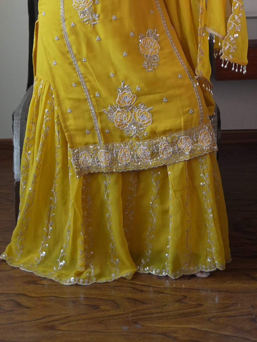 Yellow Faux Georgette Embroidery Sequins Wedding Party Festival Casual Sharara Pant Salwar Kameez