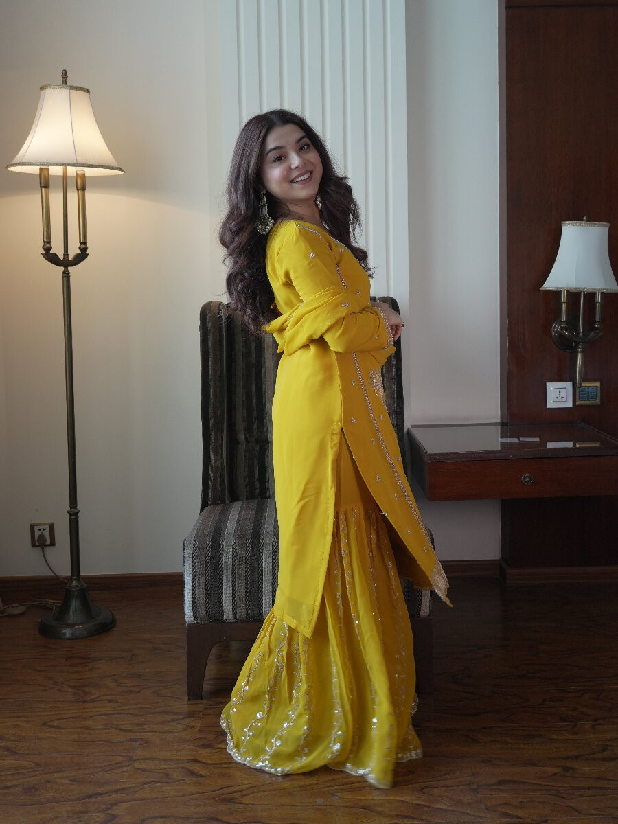 Yellow Faux Georgette Embroidery Sequins Wedding Party Festival Casual Sharara Pant Salwar Kameez