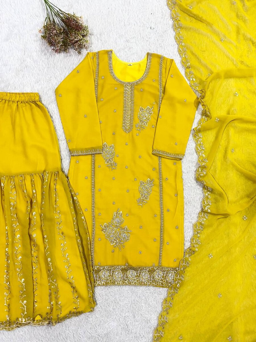 Yellow Faux Georgette Embroidery Sequins Wedding Party Festival Casual Sharara Pant Salwar Kameez