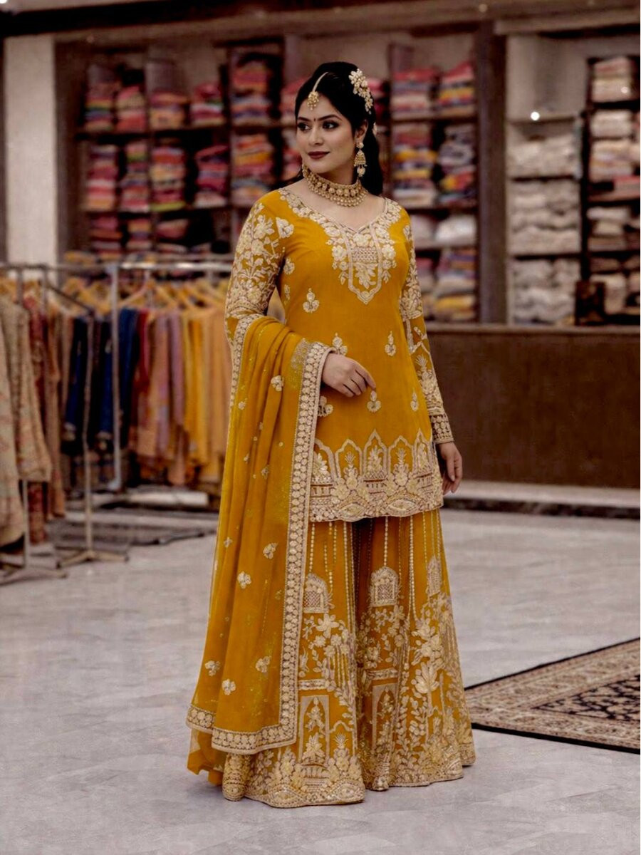 Yellow Faux Georgette Embroidery Zari Sequins Wedding Party Festival Casual Palazzo Pant Salwar Kameez