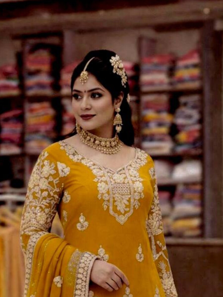 Yellow Faux Georgette Embroidery Zari Sequins Wedding Party Festival Casual Palazzo Pant Salwar Kameez