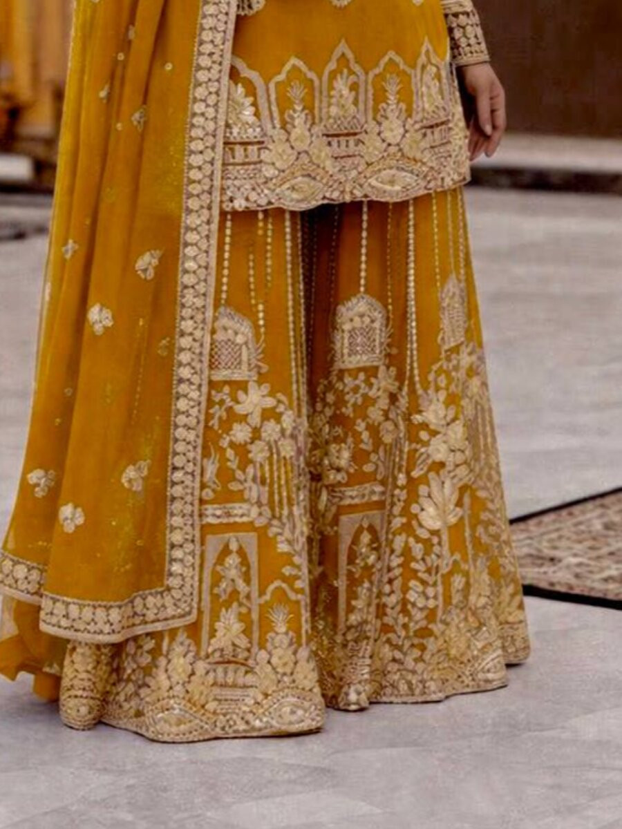 Yellow Faux Georgette Embroidery Zari Sequins Wedding Party Festival Casual Palazzo Pant Salwar Kameez