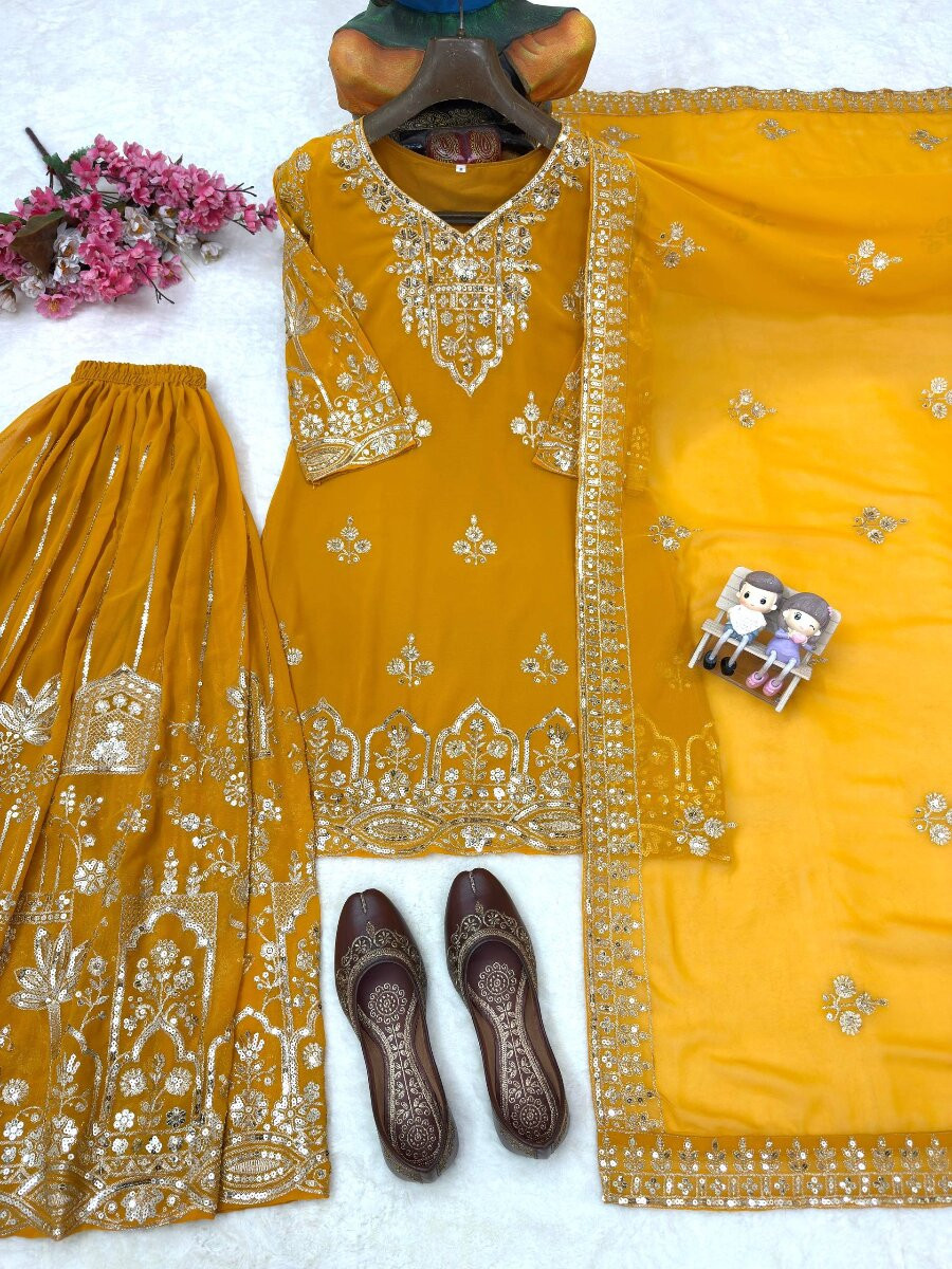 Yellow Faux Georgette Embroidery Zari Sequins Wedding Party Festival Casual Palazzo Pant Salwar Kameez