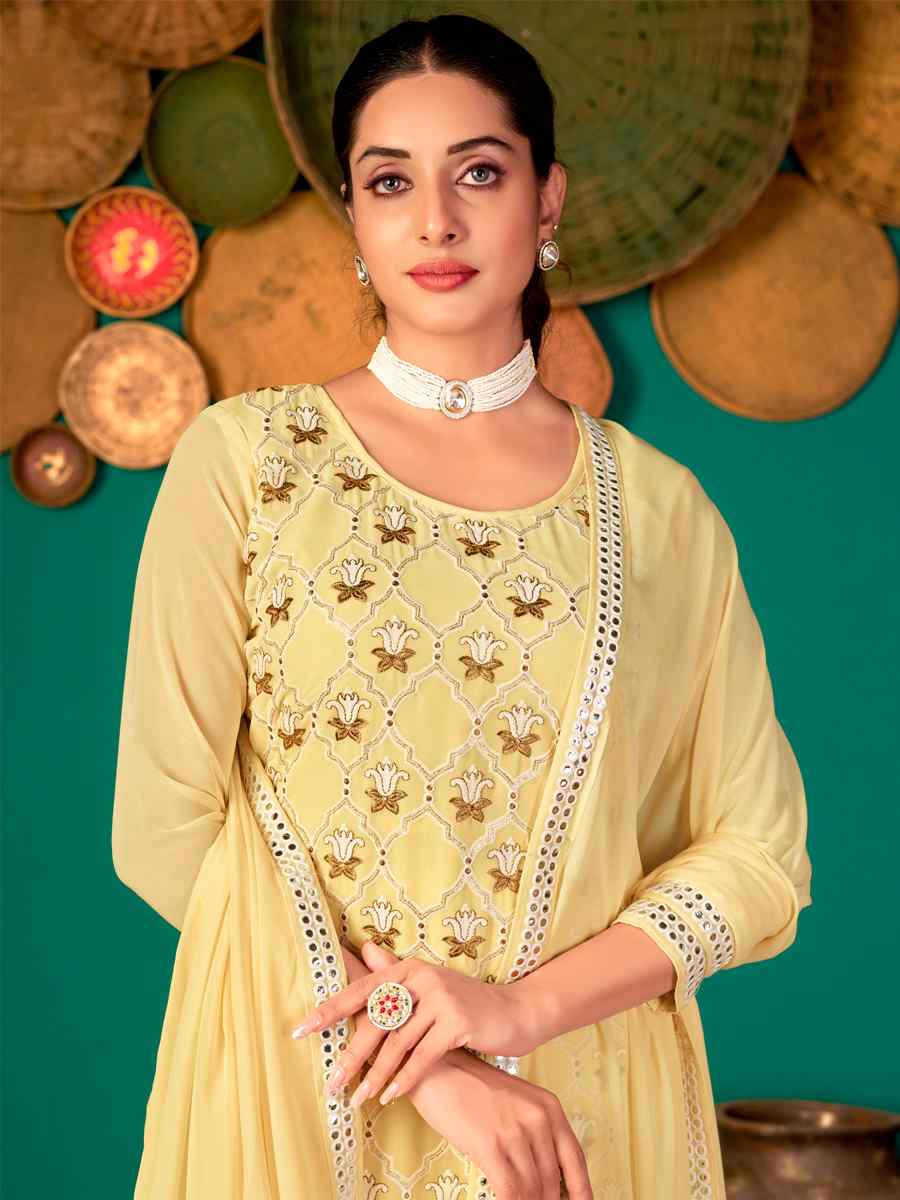 Yellow Faux Georgette Handwoven Festival Pant Salwar Kameez