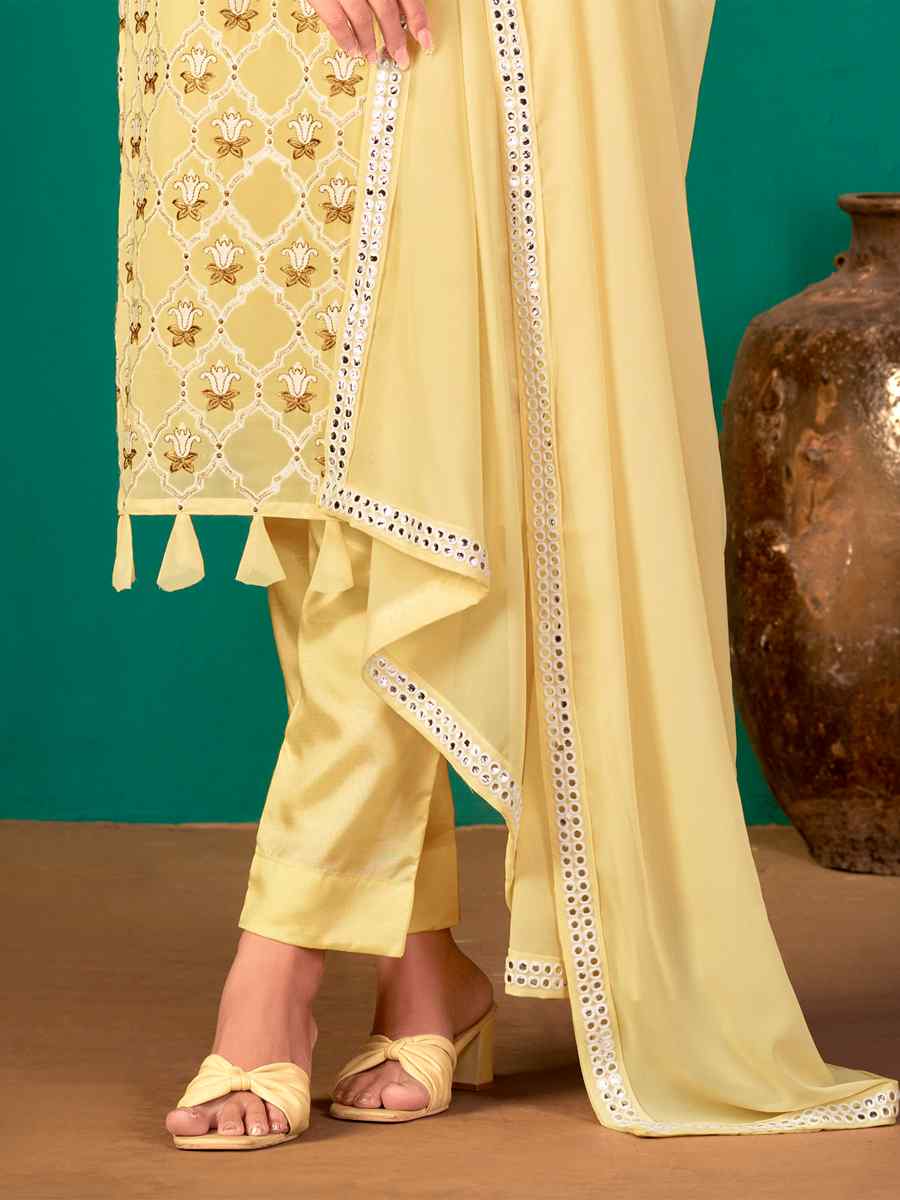 Yellow Faux Georgette Handwoven Festival Pant Salwar Kameez