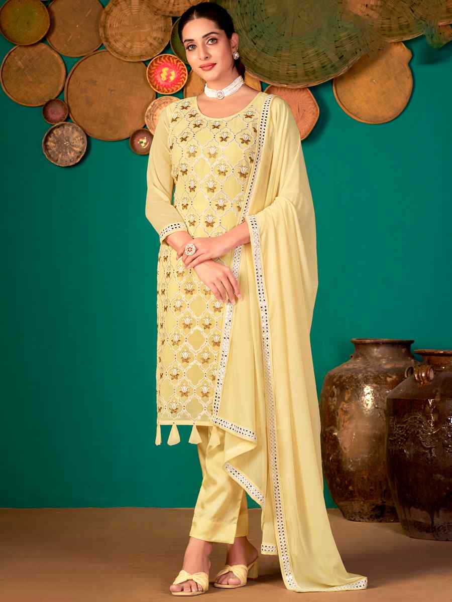 Yellow Faux Georgette Handwoven Festival Pant Salwar Kameez