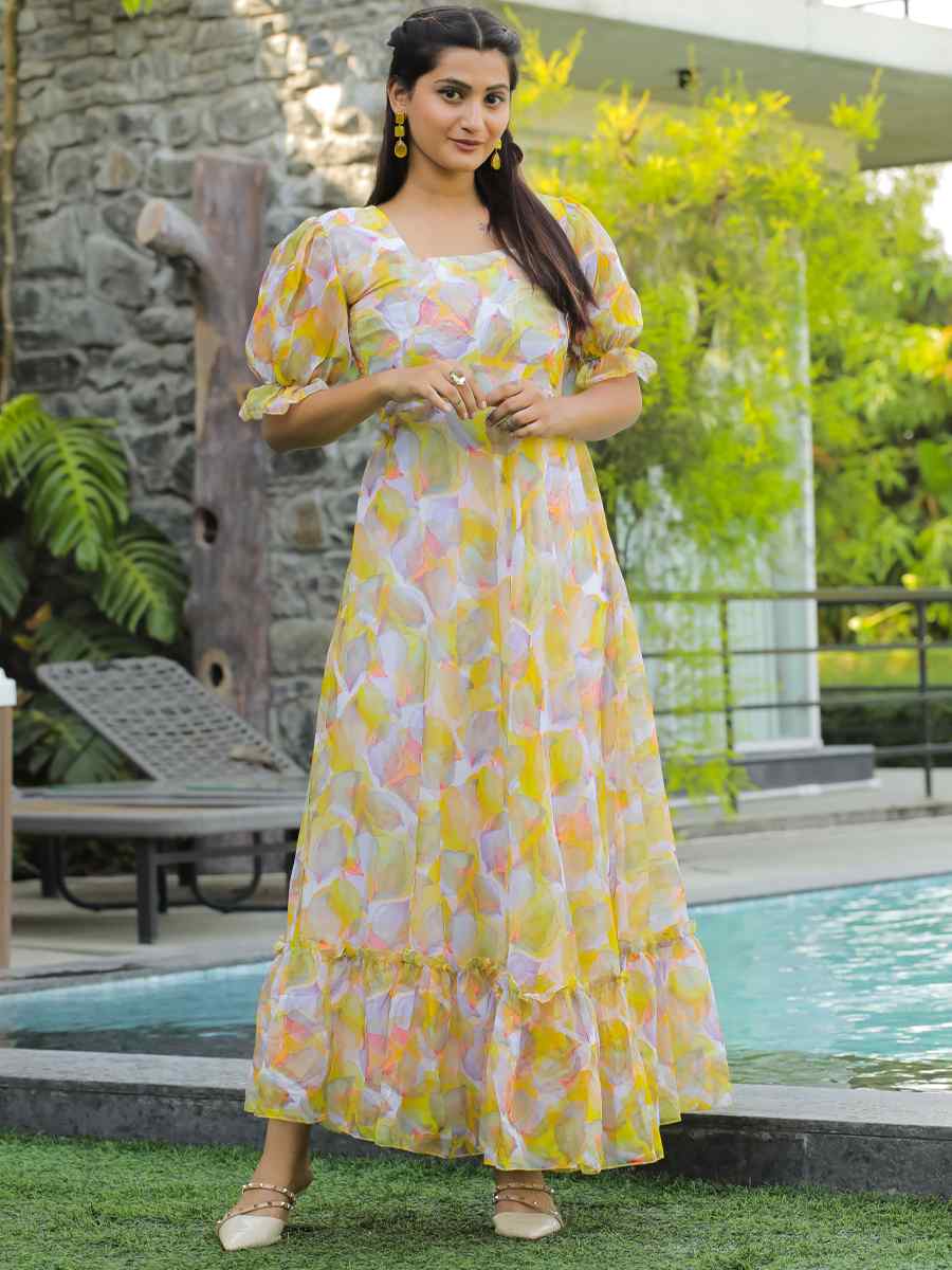 Yellow Faux Georgette Printed Festival Casual Gown