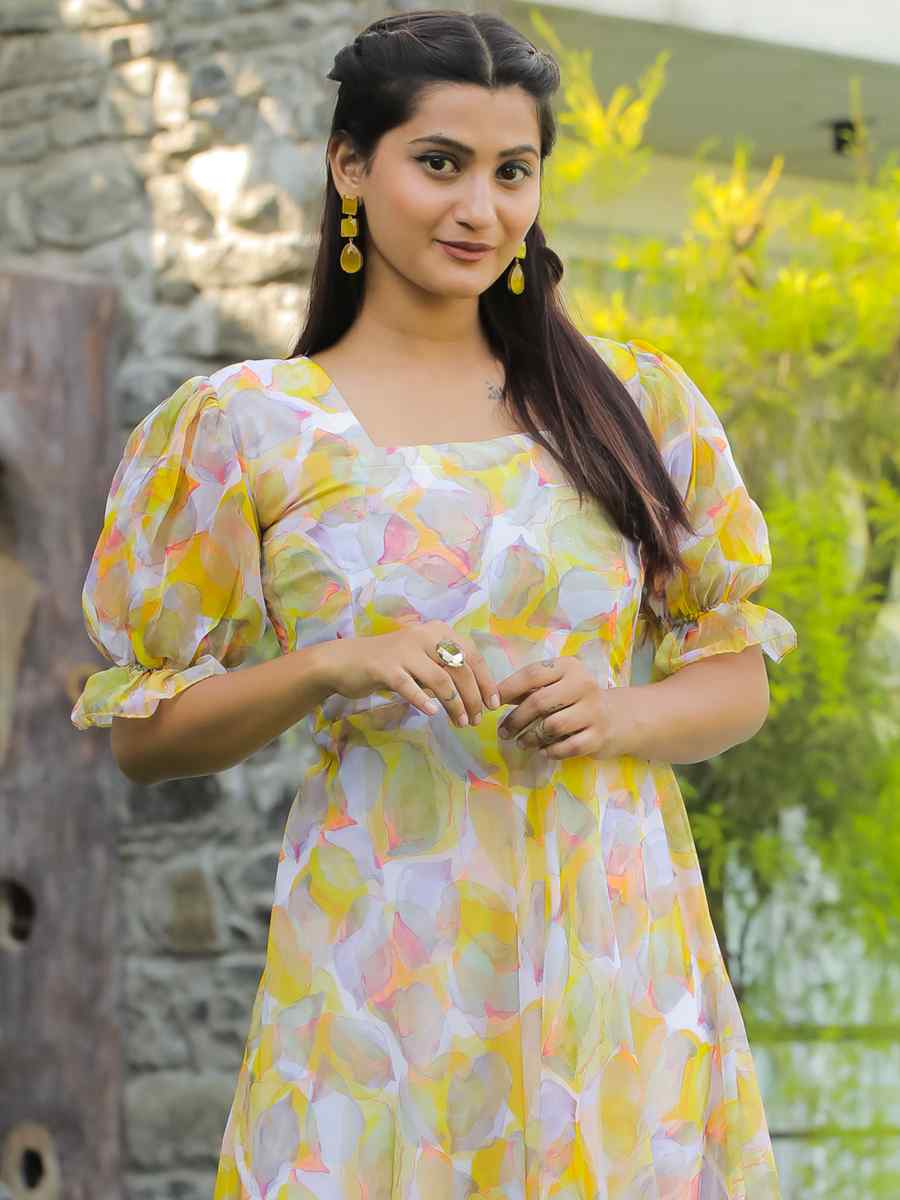 Yellow Faux Georgette Printed Festival Casual Gown