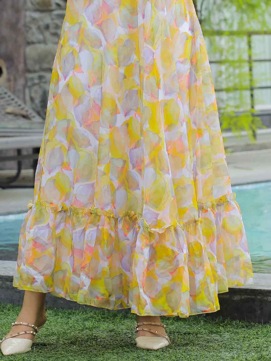 Yellow Faux Georgette Printed Festival Casual Gown