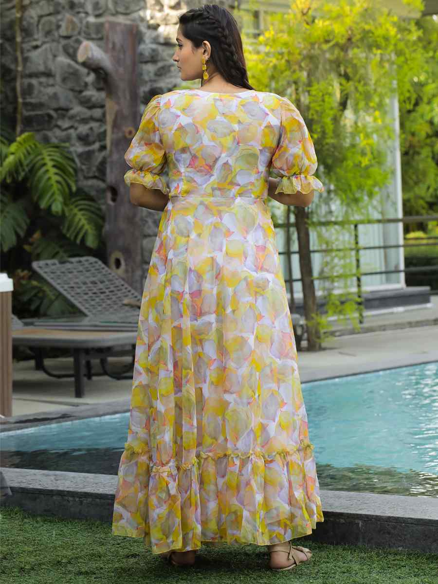 Yellow Faux Georgette Printed Festival Casual Gown