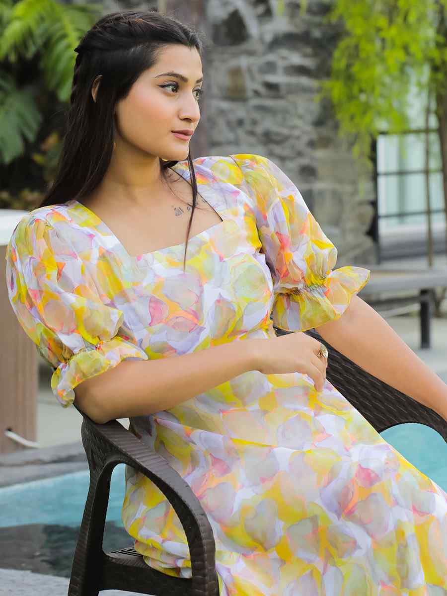 Yellow Faux Georgette Printed Festival Casual Gown
