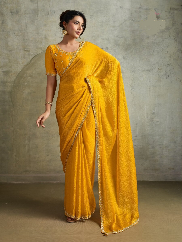 Image of Yellow Fendy Chiffon blooming Sequins Wedding Reception Party Festival Heavy Border Sarees
