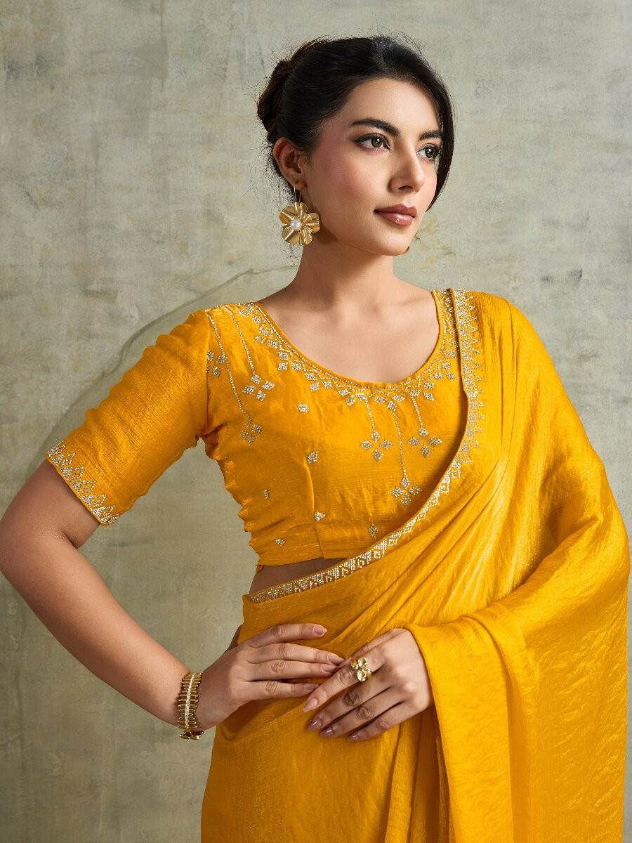 Yellow Fendy Chiffon bloomingSequins Wedding Reception Party Festival Heavy Border Sarees