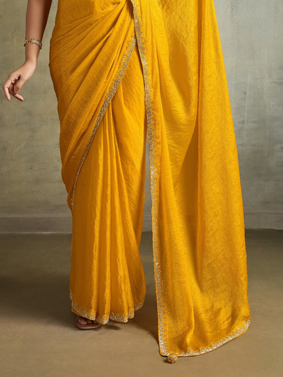Yellow Fendy Chiffon bloomingSequins Wedding Reception Party Festival Heavy Border Sarees