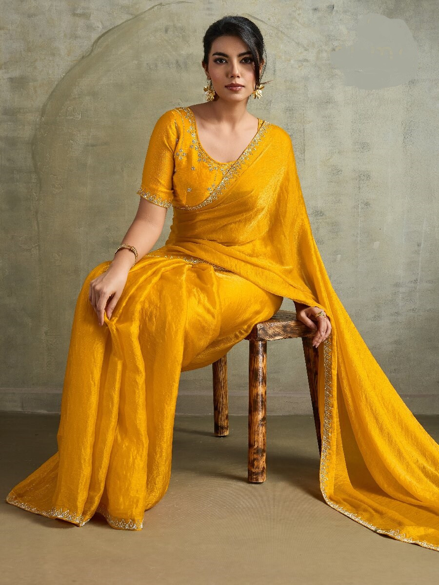 Yellow Fendy Chiffon bloomingSequins Wedding Reception Party Festival Heavy Border Sarees