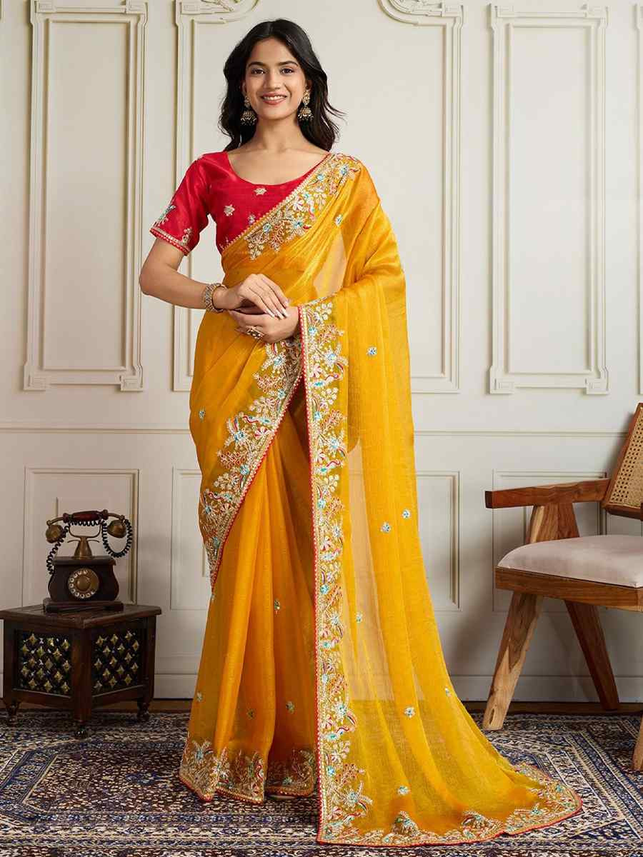 Yellow Fendy Chiffon silk Embroidery Traditional Bridal Reception Festival Wedding Fancy Heavy Border Saree