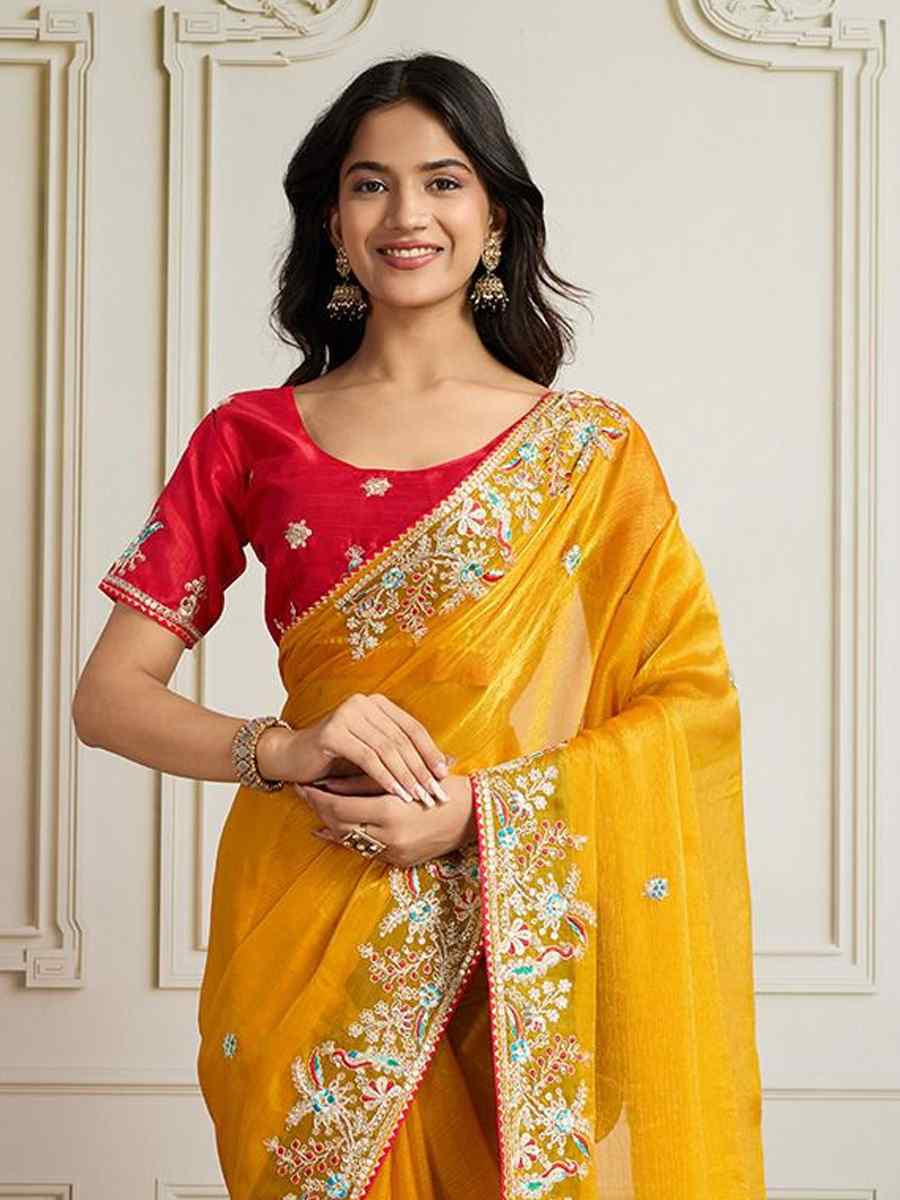 Yellow Fendy Chiffon silk Embroidery Traditional Bridal Reception Festival Wedding Fancy Heavy Border Saree