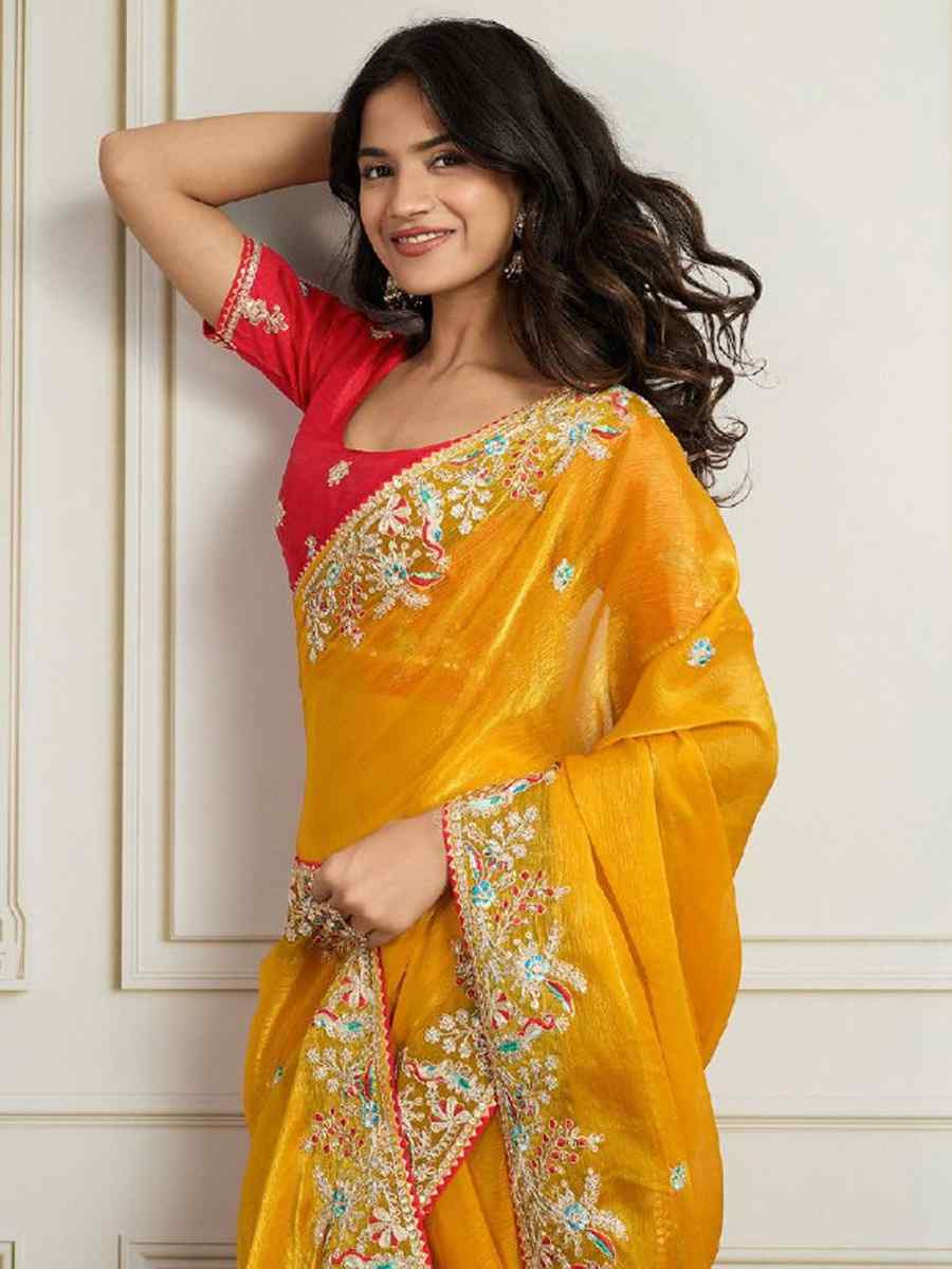 Yellow Fendy Chiffon silk Embroidery Traditional Bridal Reception Festival Wedding Fancy Heavy Border Saree